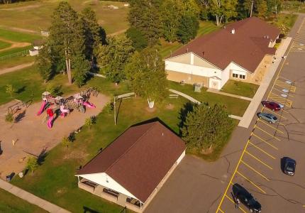 Overhead view of the Crosslake Community Center taken by a drone
