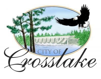 City of Crosslake logo which prominently features an eagle soaring through the air in front of Pine River Dam.