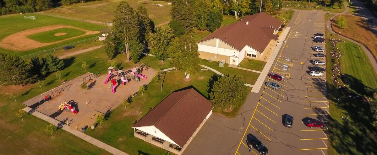 Overhead view of the Crosslake Community Center taken by a drone